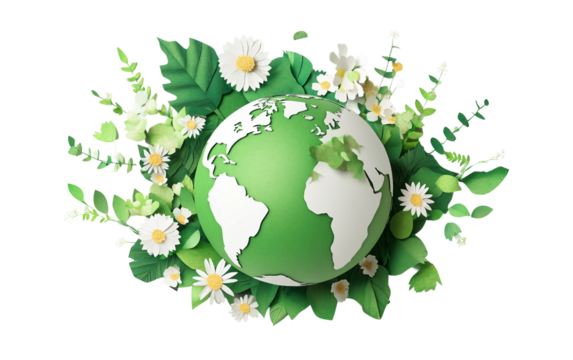 Layered Earth with green foliage in a 3D paper art style showcasing environmental conservation isolated on white background PNG