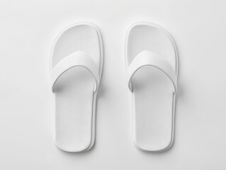 Pair of simple white flip-flops.  Atop a bright white surface, these minimalist sandals feature a clean design with a wide strap