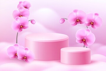 Delicate pink orchid display podiums on a soft cloud background