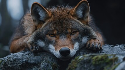 Obraz premium Close-up of a wolf resting on rocks