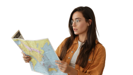 Young woman traveler studying detailed world map planning trip adventure on transparent background