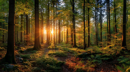 Obraz premium Sunset in a Forest of Tall Trees
