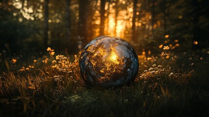 Glowing orb rests on a grassy meadow in a forest setting