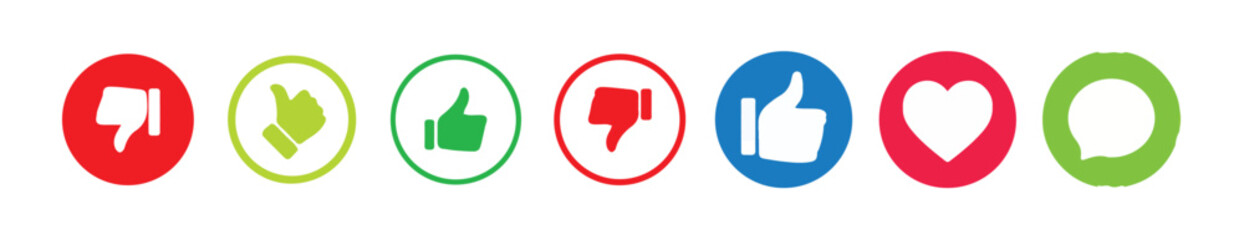 Like icon button , thumb up icon , love and heart icon , comment icon , repost and share icon button. Social media elements with different color.Social media notification icons. Vector illustration.