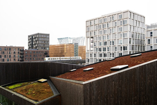Modern green rooftops in contemporary residential complex with geometric architecture and sustainable design elements focused on energy efficiency and urban environmental integration.