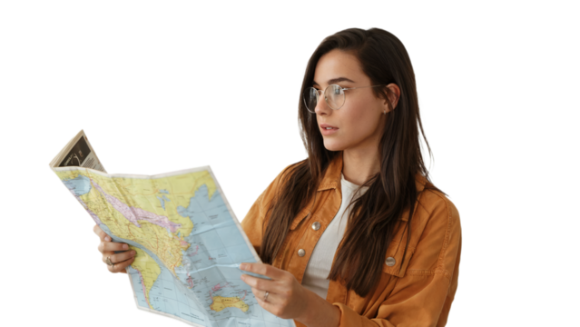 Young woman traveler studying detailed world map planning trip adventure on transparent background