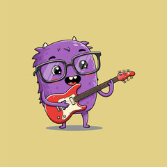 cute purple monster cartoon with glasses playing guitar