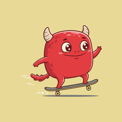 cute red monster cartoon playing skateboar plain background