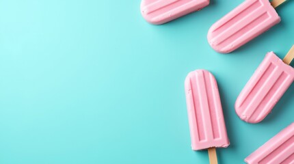 Pink ice cream popsicles on turquoise background with copy space. Sweet summer treat. Refreshing frozen dessert for hot day. Concept of cooling snack
