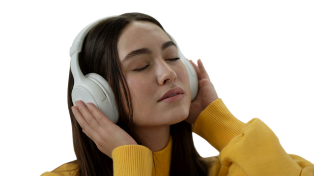 Young woman relaxed listening to music with white headphones enjoying on transparent background calm