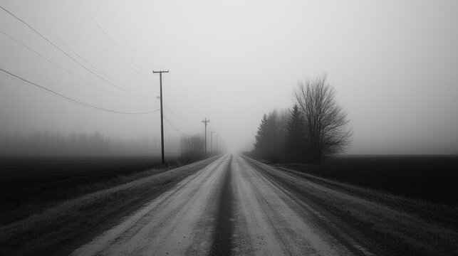 A long rural road disappearing into a thick atmospheric fog
