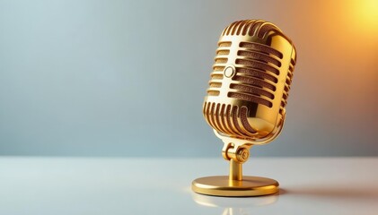 Close-up shot of a single gold microphone on white , bright, technology