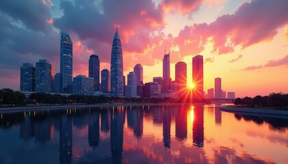 Fototapeta premium Modern city office buildings at sunset, reflecting the urban skyline , glass, cityscape