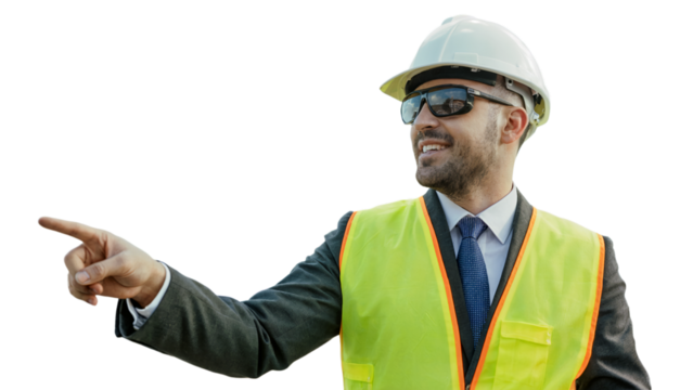 Confident construction supervisor points to a building project site job on transparent background