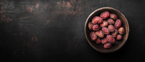 Dried dates in a dark wooden bowl.