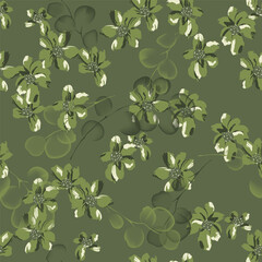 Floral seamless pattern features flowers and leaves in shades of green on a solid green background. The flowers and leaves have a painterly, slightly abstract quality