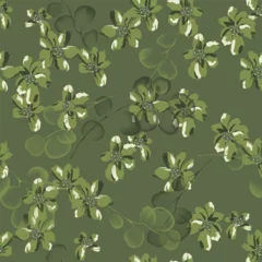 Fototapeten Floral seamless pattern features flowers and leaves in shades of green on a solid green background. The flowers and leaves have a painterly, slightly abstract quality © momosama