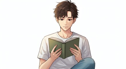 Obraz premium Illustration of a young man with brown hair reading a book while sitting against a white background
