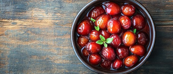 Sweetened cherries in a dark bowl on a wooden surface.
