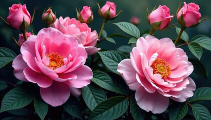 Intricate blooming roses & peonies, lush leaves , spring, close-up