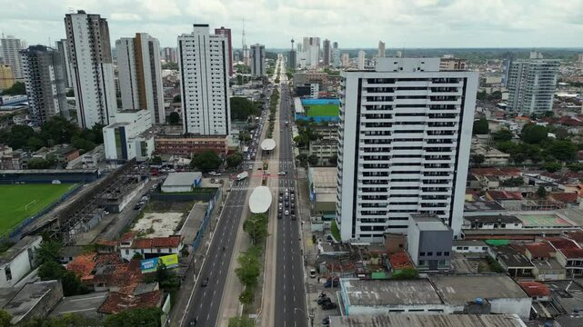 Aerial drone footage over the "Almirante Barroso" avenue, the main arterial road connecting the city of Belem, Para, BR, with surrounding regions