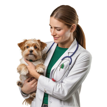 Female veterinarian gently holding adorable small dog puppy pet care cute on transparent background