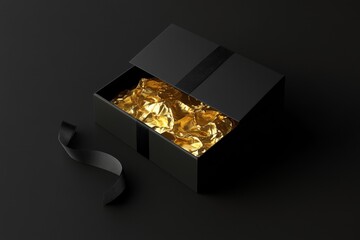 Luxurious black gift box with gold contents.  A black box, elegantly designed, features a gold ribbon and is opened to reveal a profusion of golden objects. A black ribbon sits beside the box