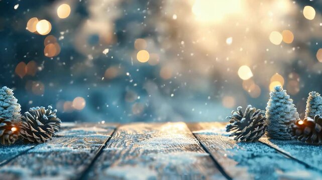 A serene winter scene featuring snow-covered pine cones on a rustic wood surface. Bokeh lights in the background create a soft, inviting atmosphere, with snowflakes falling gently.