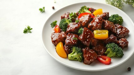 Flavorful beef stir-fry with vegetables on a plate.