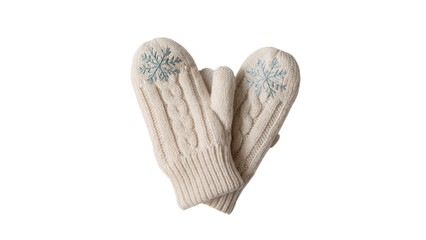 Cream knitted winter gloves with snowflake embroidery detail warm cozy on transparent background