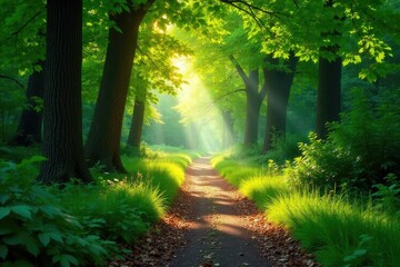 Sun-dappled forest path winding through lush green foliage, dappled sunlight on leaves , curve, background