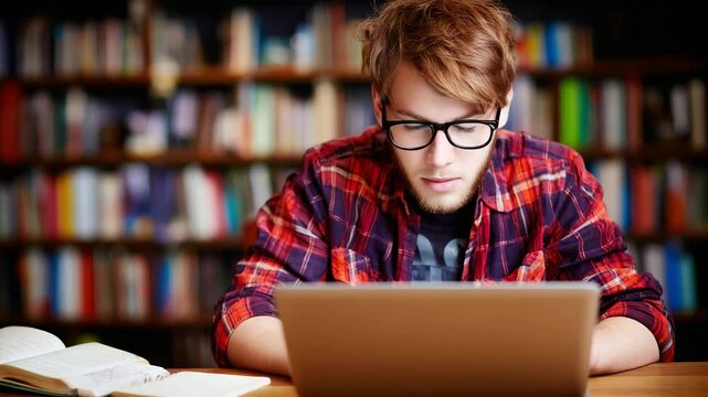 Young man wearing glasses studying with laptop and book in library focused on learning and reading