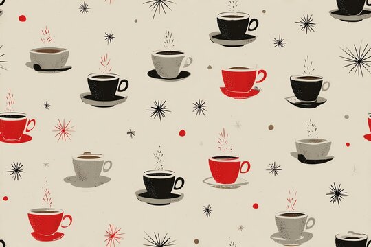 1950s inspired seamless pattern with coffee cups and atomic stars, beige and red palette