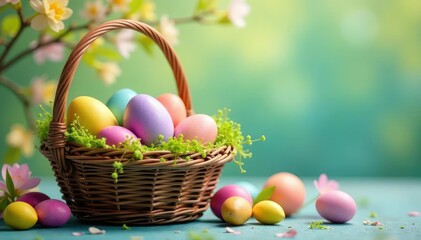 Vibrant, colorful Easter eggs in a basket, springtime festive scene , easter basket, springtime celebration, easter eggs
