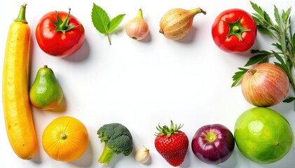 Variety of organic fruits and vegetables isolated on white, food photography, vitamin, eating