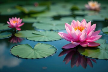 Water lilies and lotus flowers form a vibrant pattern on a calm lake's surface , plants, natural, environment