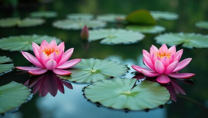 Water lilies create floral pattern across still lake, illustration, aquatic
