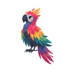 Obraz premium Vibrant Cartoon Parrot: A brightly colored parrot with rainbow plumage stands on a white background.