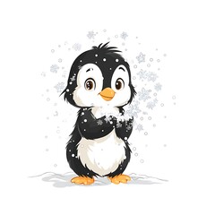 Fototapeta premium Adorable cartoon penguin stands in the snow, holding snowflakes with delight in a winter wonderland.
