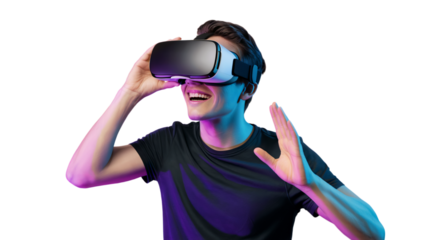 Happy young man experiencing immersive virtual reality headset technology on transparent background