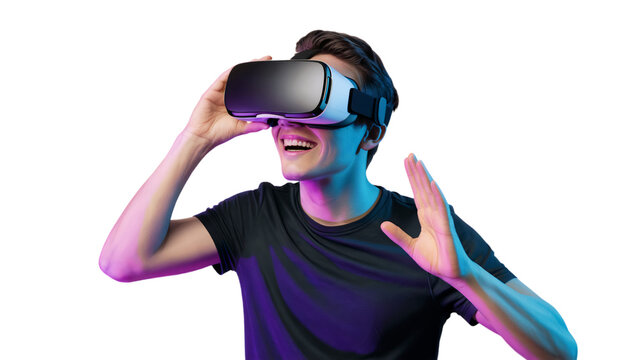Happy young man experiencing immersive virtual reality headset technology on transparent background