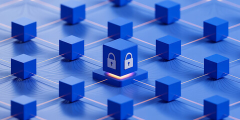 Computer network security. Top view of many cubes with padlock icons