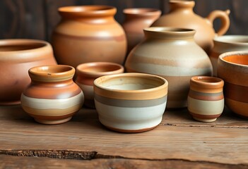 collection of pottery sitting on top of a wooden table