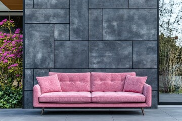 Pink sofa in front of a black brick wall.