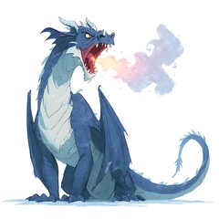 Illustration of an angry blue dragon breathing colorful smoke while sitting against a plain white backdrop.