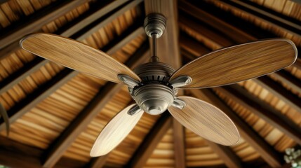 An indoor ceiling fan with wooden blades is displayed prominently