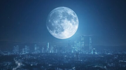 A large full moon shines over a futuristic cityscape at night