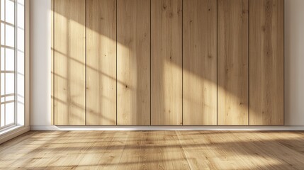Empty room with wooden wall and floor. Sunlight casts shadows