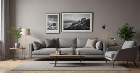 Stylish living room, grey sofa, framed prints  ,  contemporary,  apartment,  stylish