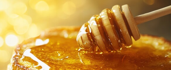 Close-up view of honey dripping from a dipper.